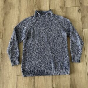 LL Bean Women's Cotton Ragg Sweater Funnel Neck Pullover Large Blue Roll Neck